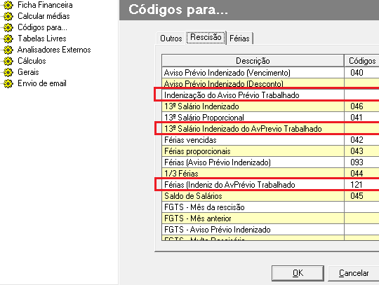 Folha | Ferramentas | Opções | Códigos para | Rescisão